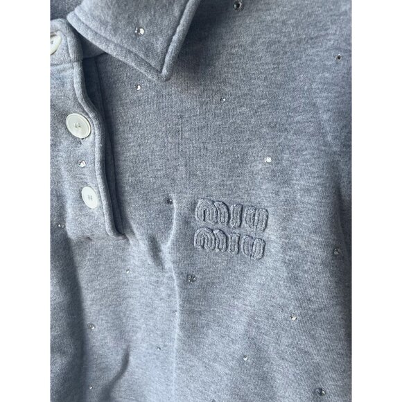 Miu Miu Gray Embellished Cropped Polo Sweatshirt W/ Button Front - Picture 6 of 11